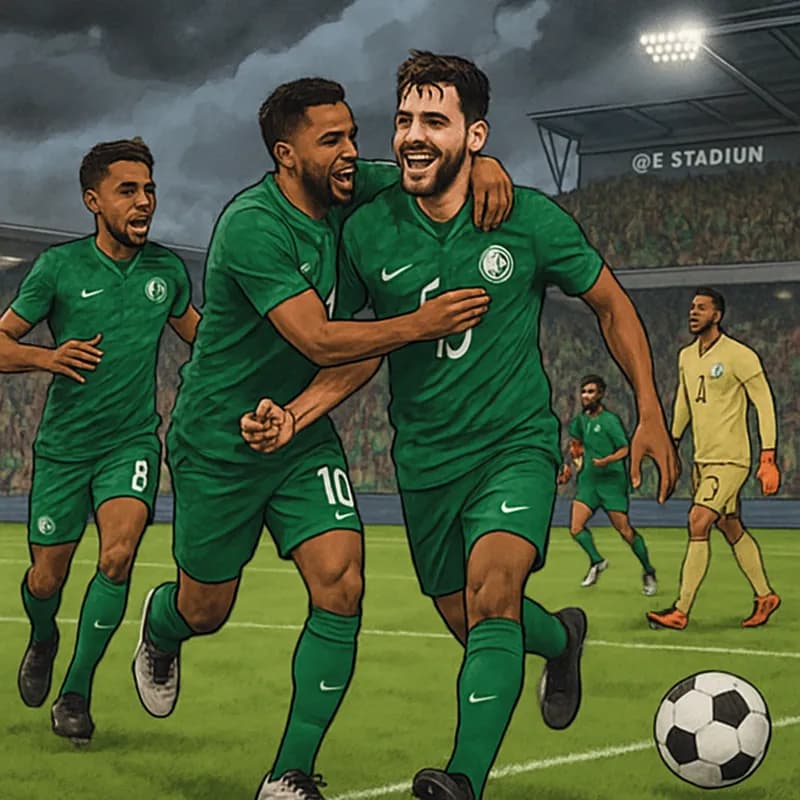 A vibrant scene at Q2 Stadium in Austin, Texas, during a friendly match. Saudi Arabia players in their green kits celebrate a goal, while fans in the stands cheer amidst dark storm clouds overhead, il