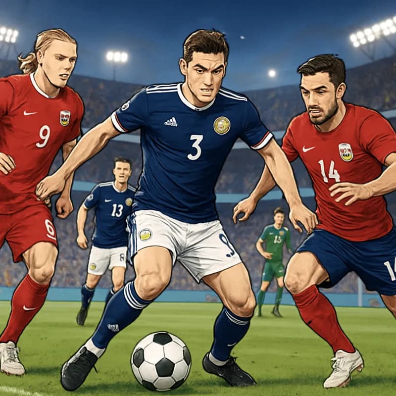 A vibrant scene at a training session in Charlotte, North Carolina, with Scotland's players in their dark blue kits and Norway's players in their red jerseys. The atmosphere is tense as they prepare f
