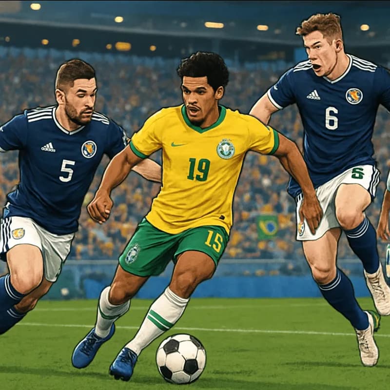 A vibrant soccer scene showcasing Scotland's players in their navy blue kits against Brazil's iconic yellow and green jerseys. The atmosphere is electric in a packed Miami stadium, with fans waving fl