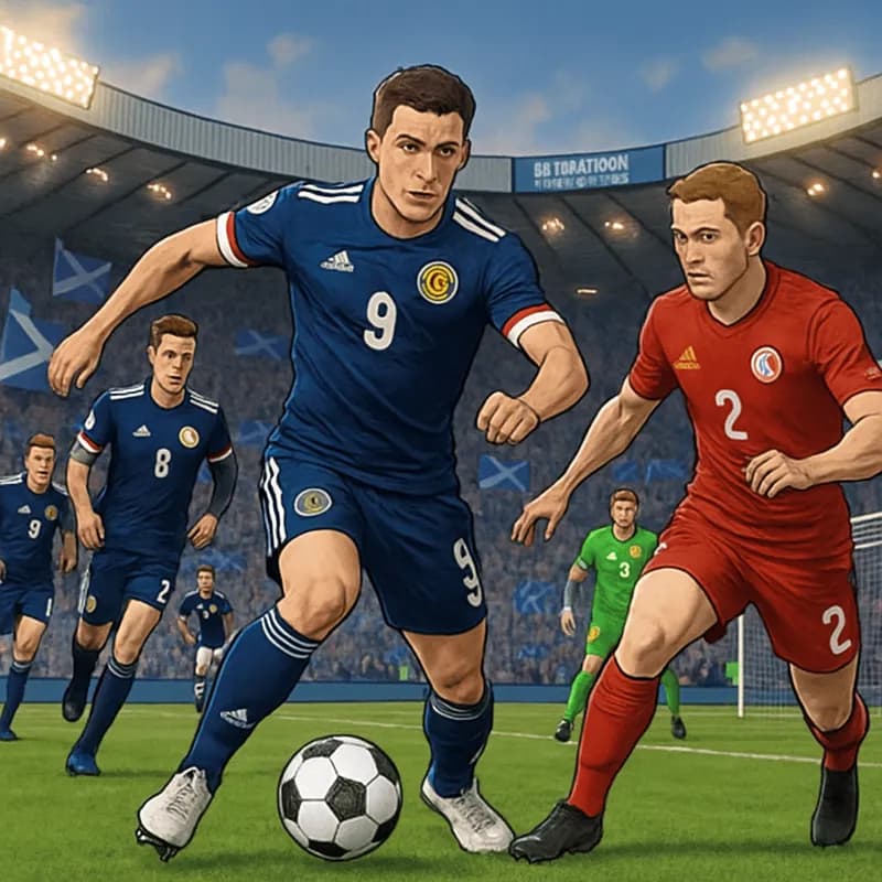 A vibrant scene at Hampden Park, with Scotland's national team in their traditional dark blue kits, fans waving flags, and a lively atmosphere as players warm up on the green pitch.