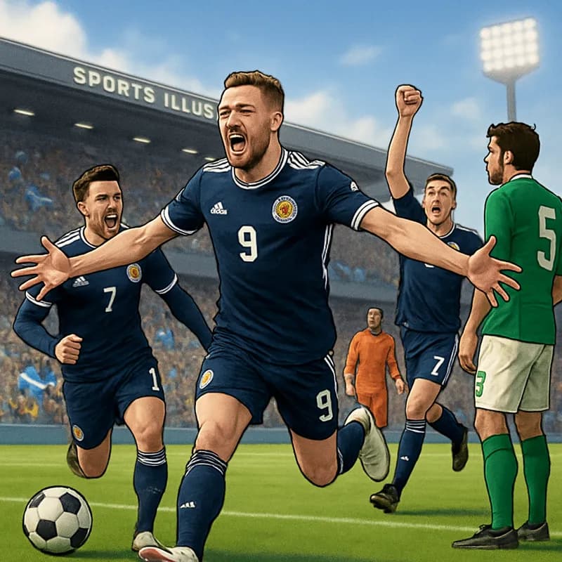A vibrant scene at the Sports Illustrated Stadium with Scotland's players in their dark blue kits celebrating a goal against Bolivia. The stands are filled with enthusiastic fans waving flags, creatin