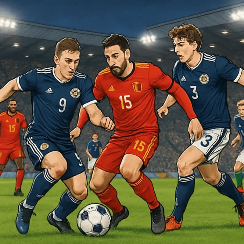 A tense moment during the Scotland vs Belgium match, with players in Scotland's dark blue kits and Belgium's red jerseys battling for the ball on a vibrant green pitch. The stadium is filled with pass