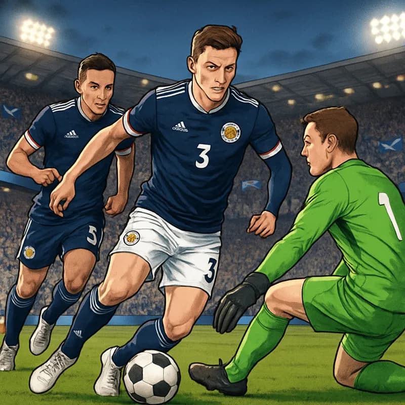 A vibrant stadium filled with passionate Scotland fans wearing their navy blue jerseys, waving flags, and cheering loudly. The atmosphere is electric as players warm up on the green pitch, with a roun