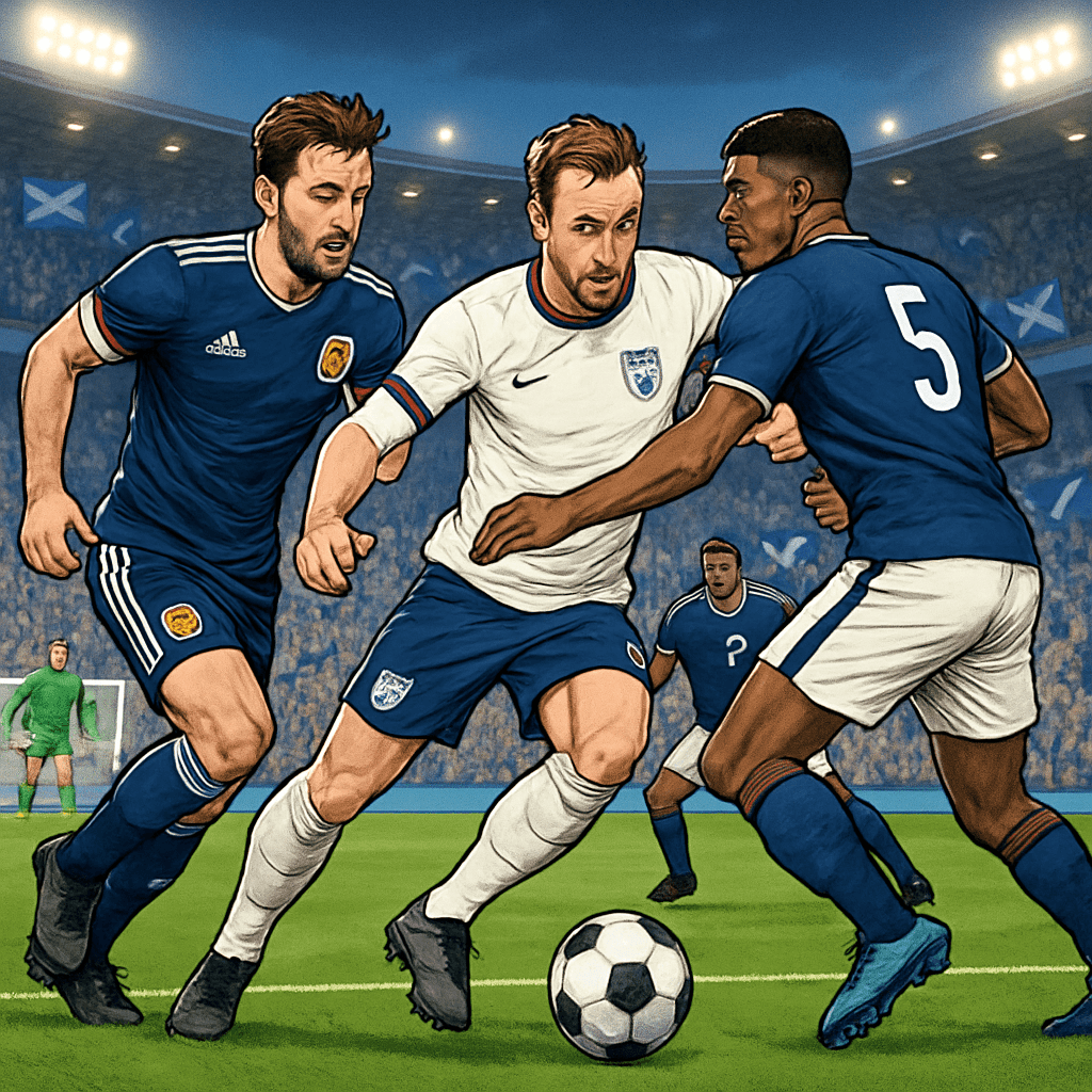 A vibrant scene at a packed stadium filled with Scottish fans wearing blue jerseys, waving flags, and cheering. The pitch is lush green, with a soccer ball positioned near the center, symbolizing the 