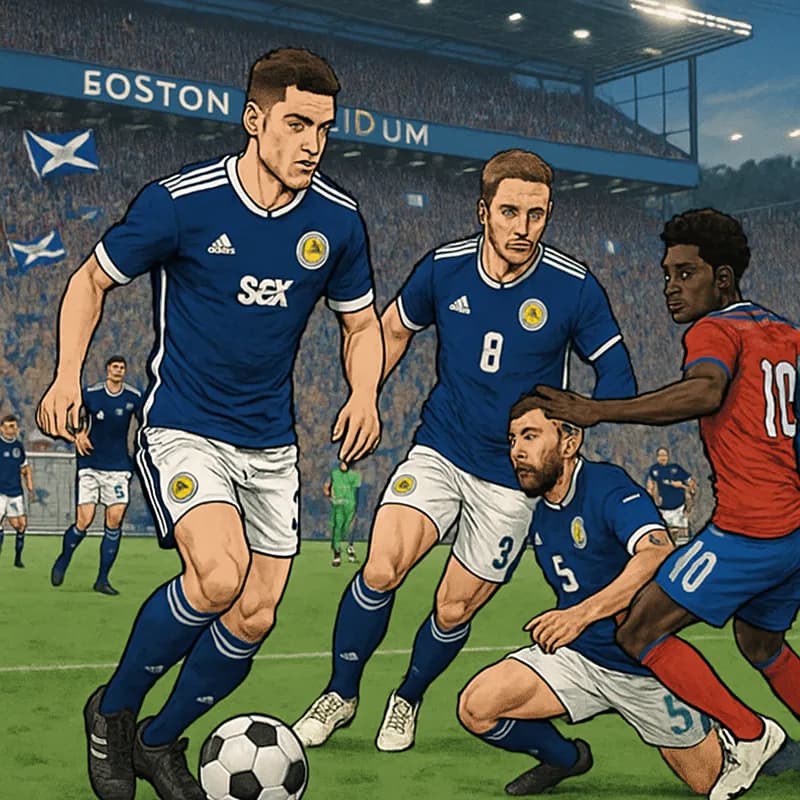 A vibrant scene at Boston Stadium, with Scotland in their blue and white kits, fans waving flags and banners, and players warming up on the lush green pitch, creating an electric atmosphere ahead of t