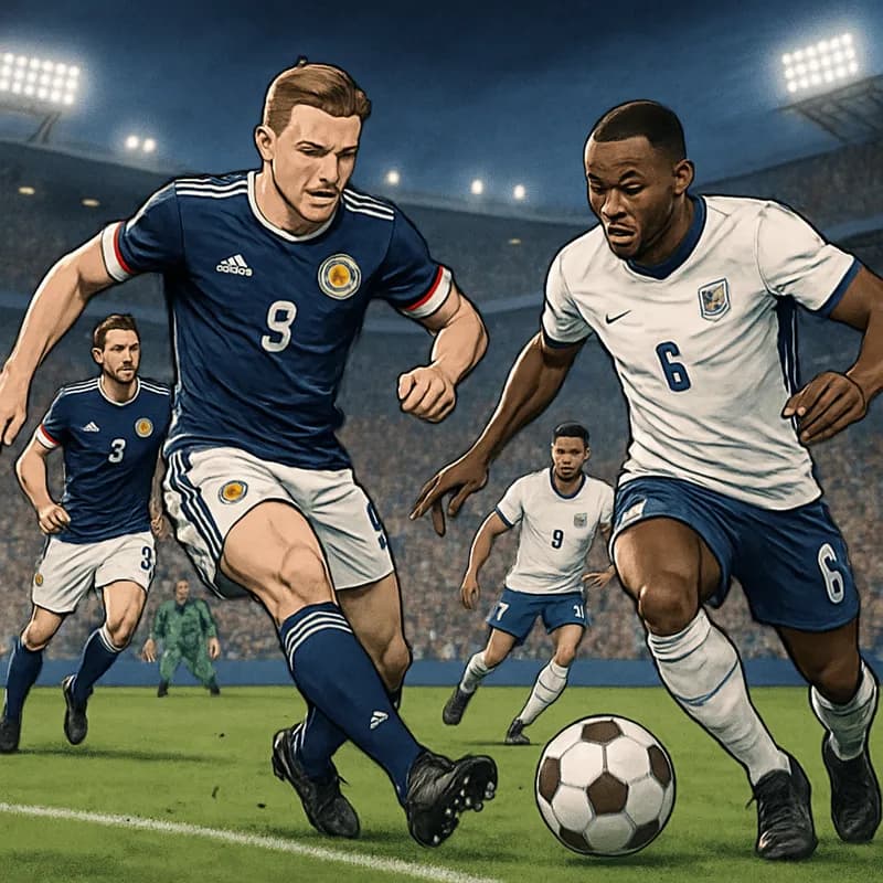 A vibrant scene of Scotland's Tartan Army in their traditional kits with blue and white colors, marching through a lively Boston street, playing bagpipes, and celebrating their team's victory at a sta