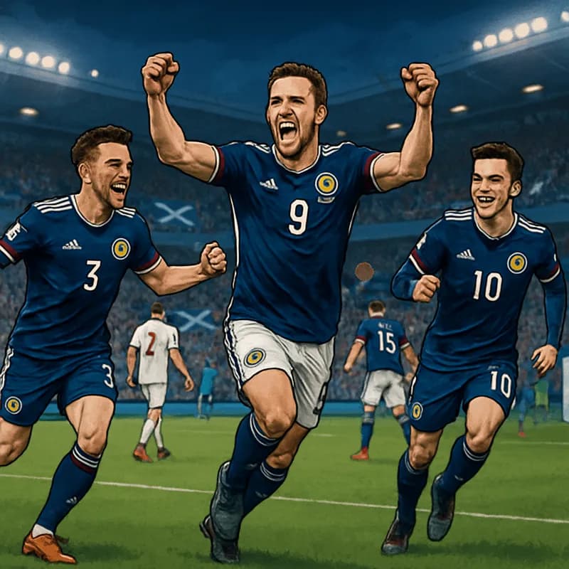 A vibrant scene at a packed stadium featuring Scotland's national team in their dark blue kits, celebrating a goal. The atmosphere is electric with fans waving flags and banners, a green pitch and a r