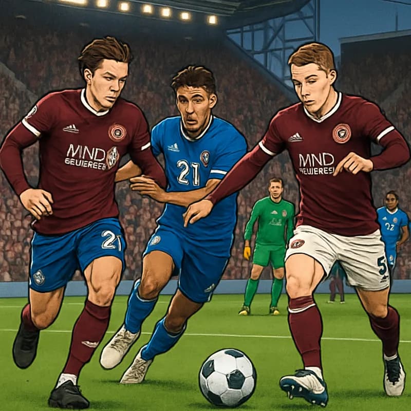 A vibrant scene at Tynecastle Park during a Hearts match, fans in maroon jerseys cheering passionately. The green pitch is lively, with players in action, creating an electric atmosphere.