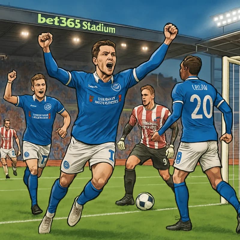 A vibrant scene at the bet365 Stadium during the match between Portsmouth and Stoke City. Portsmouth players in blue and white jerseys celebrate a goal, with fans cheering in the stands. The green pit