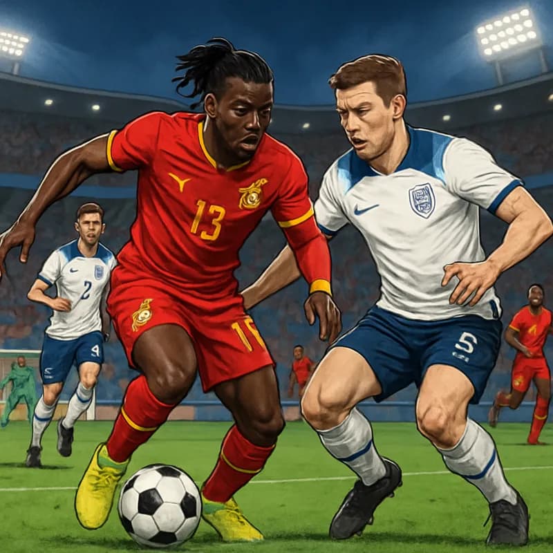A vibrant scene at a World Cup match, featuring Antoine Semenyo in Ghana's red and yellow kit, dribbling the ball past an English defender in a packed stadium. The atmosphere is electric, with fans wa