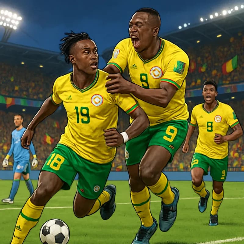 A vibrant scene at a World Cup match featuring Senegal players in their traditional yellow and green kits, celebrating a goal in a packed stadium with fans waving flags and cheering loudly.