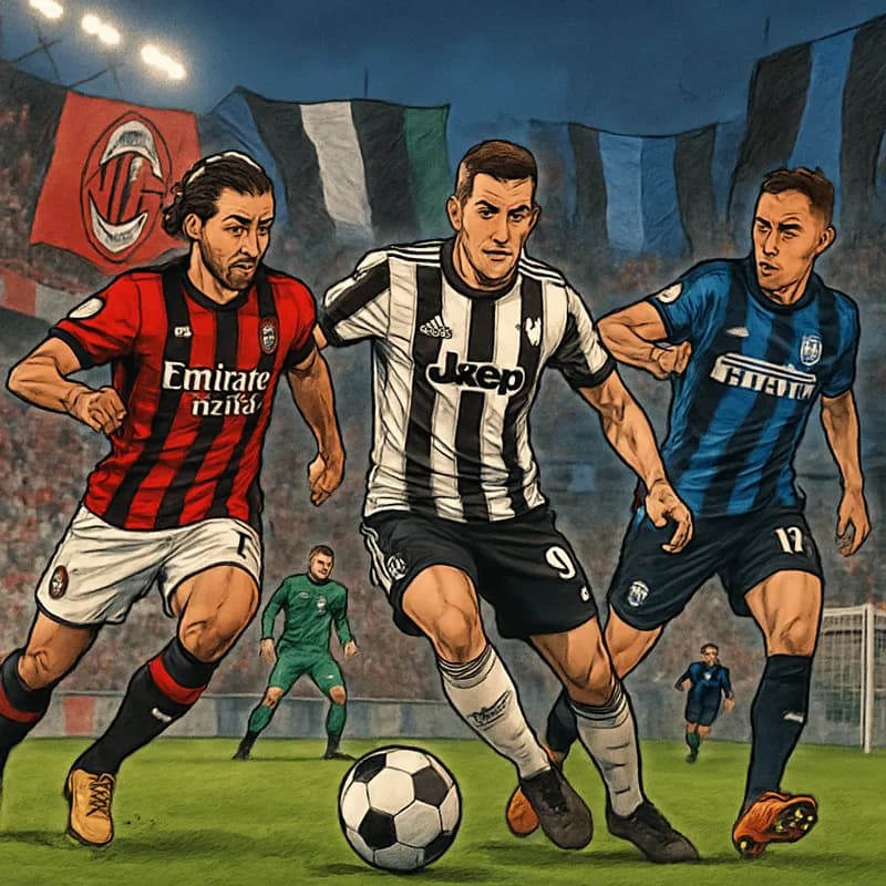 A bustling Serie A stadium filled with fans, banners waving in AC Milan red and black, Juventus black and white, and Inter blue and black. The pitch is vibrant green, with a soccer ball near the goal,
