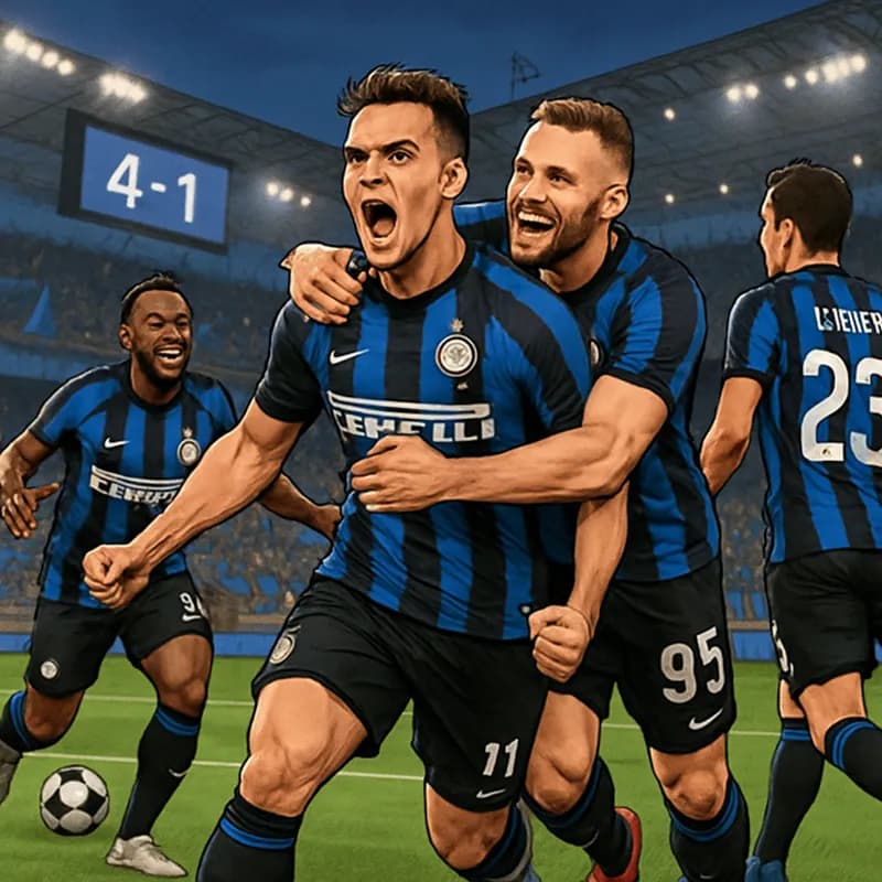 A vibrant Serie A match scene: Inter players in black and blue stripes celebrating a goal at San Siro, with the stadium packed and flags waving. In the background, a scoreboard shows 4-1. The pitch is