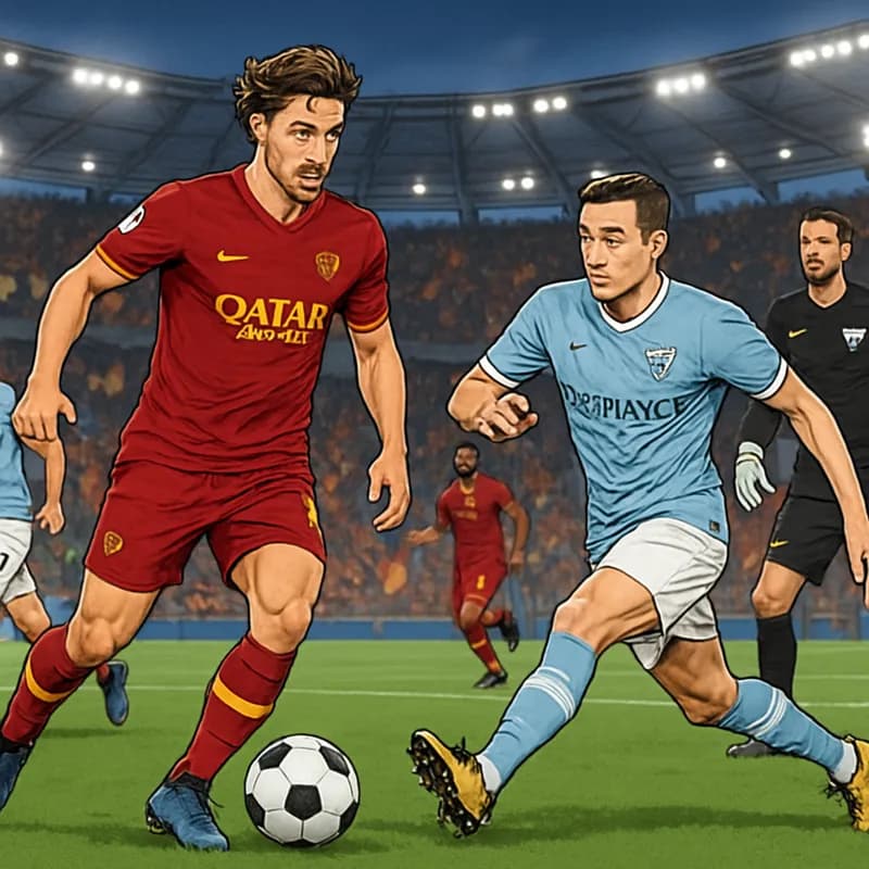 A vibrant scene at Stadio Olimpico during the Rome Derby, featuring AS Roma in their maroon kits and Lazio in their sky blue jerseys. The stadium is packed with fans waving flags, creating an electrif