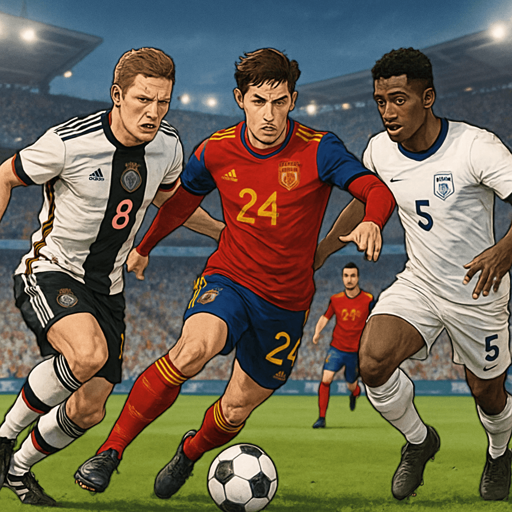 A vibrant stadium atmosphere with fans wearing Germany's white kit featuring black and red stripes, Spain's deep red kit with navy sleeves, and England's traditional colors, all cheering passionately 