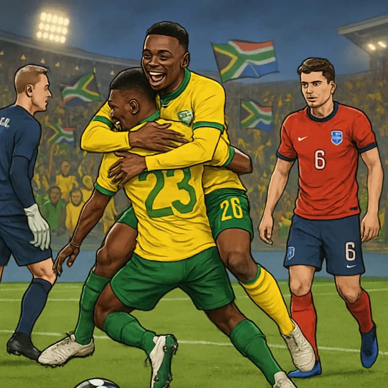 A vibrant scene at the stadium with South African fans in green and yellow jerseys celebrating after Thapelo Maseko scores the winning goal. The atmosphere is electric, with flags waving and players e