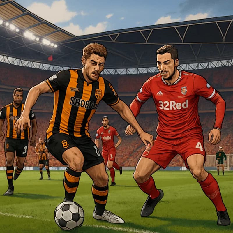 A vibrant scene at Wembley Stadium during the Championship play-off final, showcasing Hull City in their amber and black striped jerseys and Middlesbrough in their red kit. The atmosphere is electric,