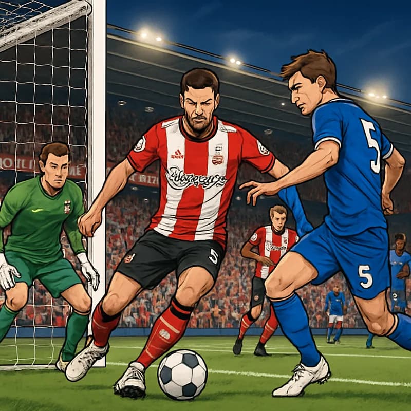 A tense scene at St. Mary's Stadium, with Southampton fans in red and white jerseys anxiously watching a match. The atmosphere is electric, with banners waving and the green pitch in the background. A