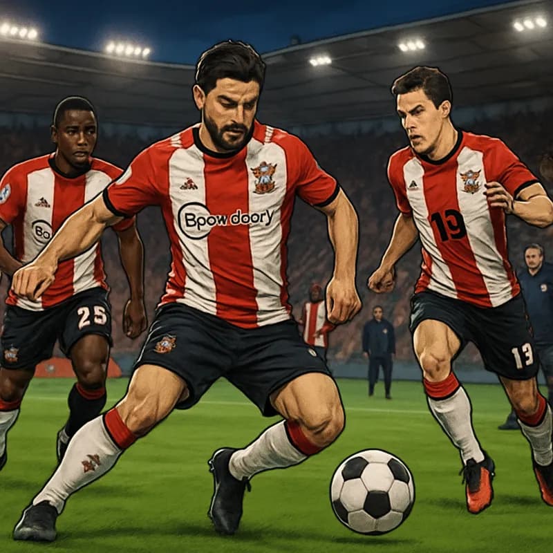 A tense training session at St. Mary's Stadium, where Southampton players in their red and white striped jerseys practice on the green pitch, with coaches observing closely. The atmosphere is intense,