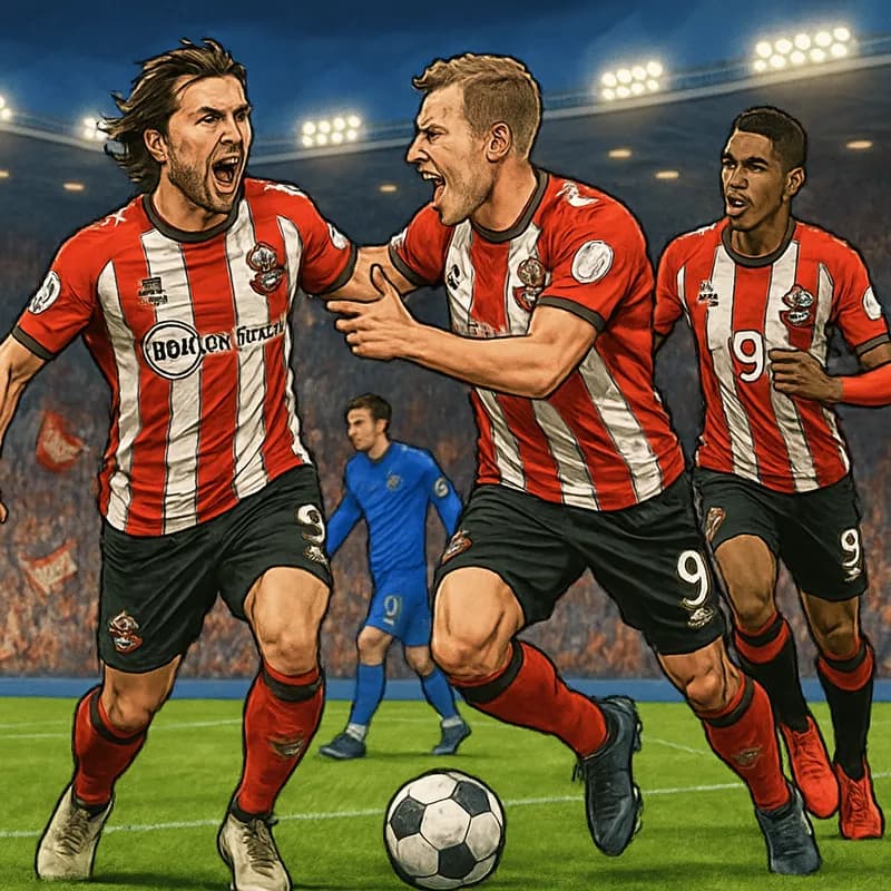 Southampton players in red and white stripes celebrating a goal in a packed stadium, with the opposition in blue. The scene captures the intensity of a Championship match, with fans waving flags and s