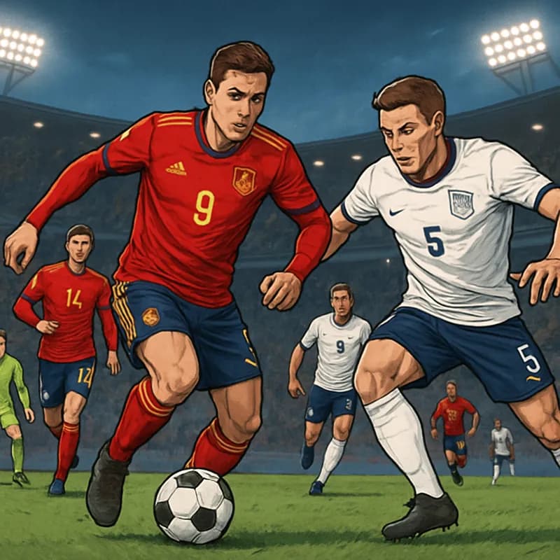 A bustling soccer training ground with Spain's red and yellow kit and England's white and blue kit. Players are in a tactical drill, with a vibrant stadium atmosphere in the background.