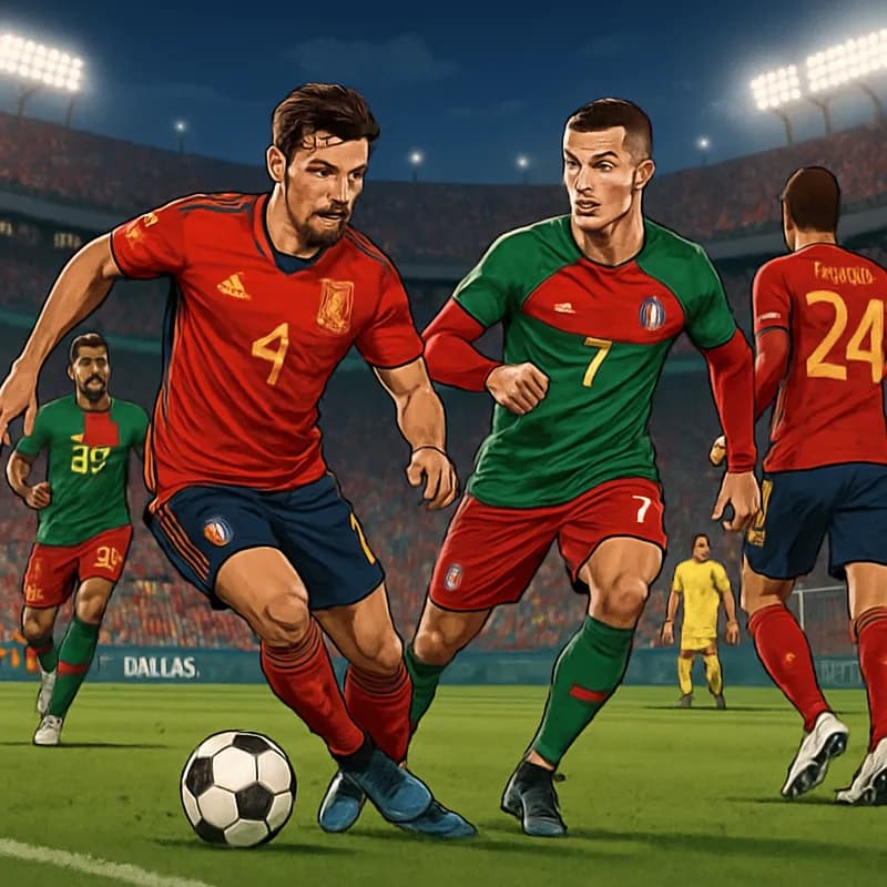 A vibrant scene at a packed Dallas stadium, with Spain's players in their red jerseys and Portugal's players in their green and red kits. The atmosphere is electric, with fans waving flags and a socce