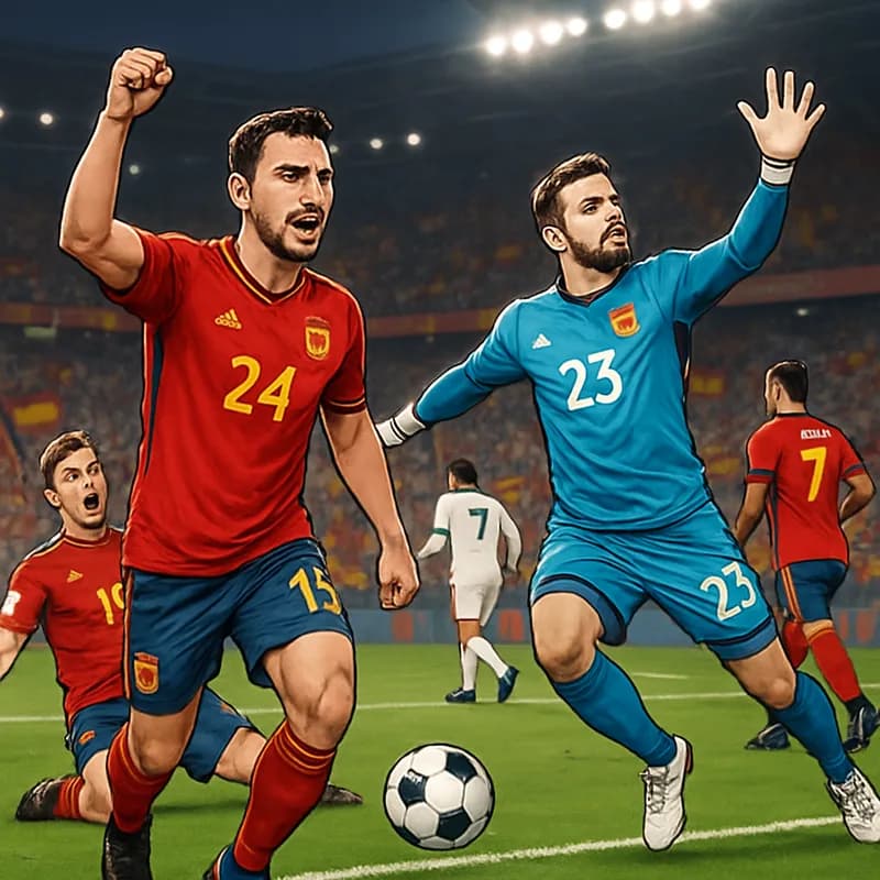 A packed stadium with fans waving Spain's red and yellow flags, as Unai Simon makes a crucial save in his vibrant blue goalkeeper kit. The atmosphere is electric, with players in Spain's traditional r