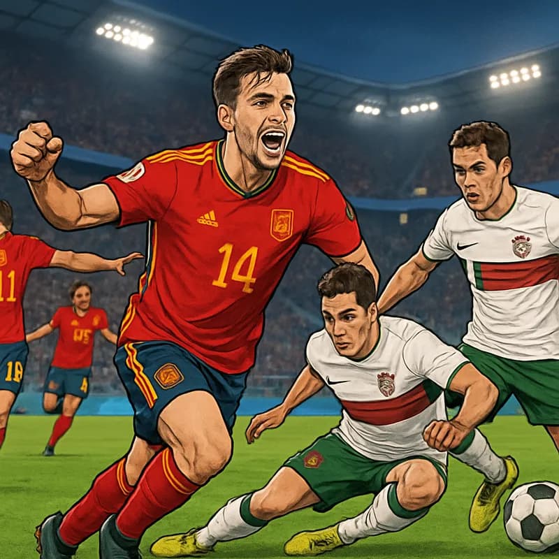 A tense scene from the World Cup match between Spain and Portugal, with players in Spain's red and yellow kits celebrating a goal at a packed stadium, green pitch, and fans cheering in the background.