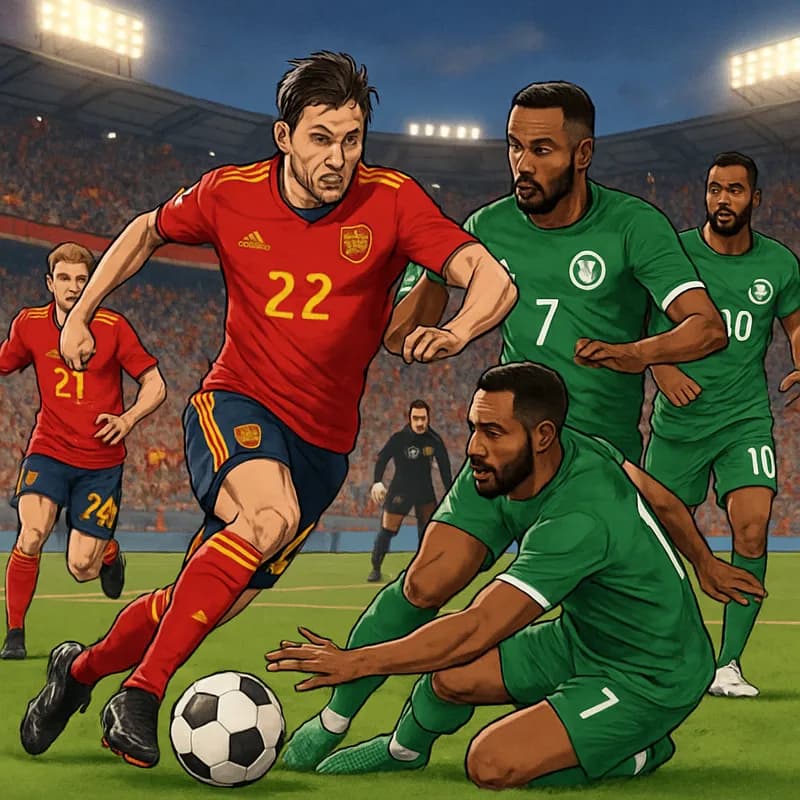 A vibrant scene at the World Cup match between Spain and Saudi Arabia, with players in Spain's red and yellow kits and Saudi Arabia's green and white kits battling for the ball on a lush green pitch. 