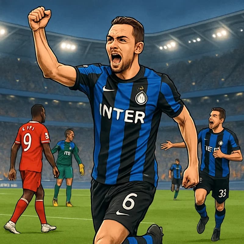 A vibrant scene from the Allianz Riviera, featuring Stefan de Vrij in a classic Inter Milan jersey, celebrating a goal with fans in the background. The pitch is lush green, and the atmosphere is elect