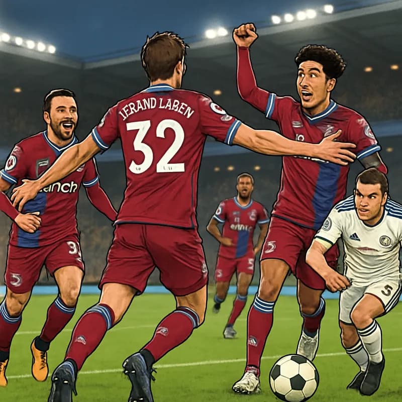 A vibrant scene at a packed stadium in Krakow, with Crystal Palace players in their claret and blue kits celebrating Jorgen Strand Larsen's goal. The green pitch is marked with the excitement of fans,