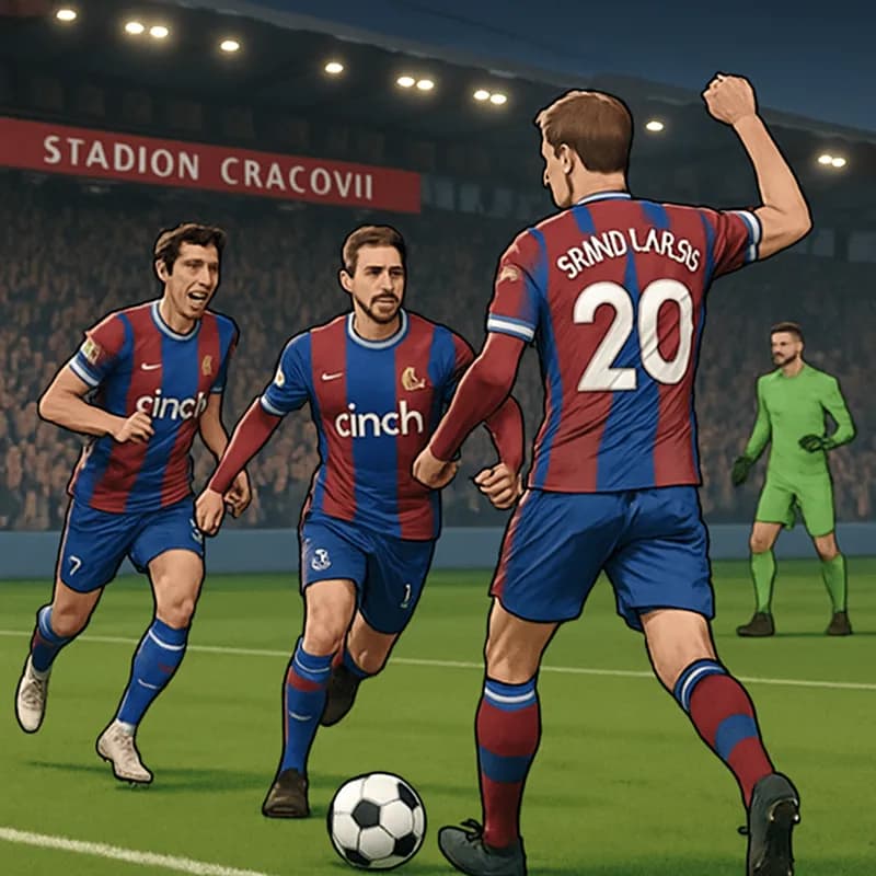 A vibrant scene at Stadion Cracovii during the match, showcasing Crystal Palace players in their claret and blue kits celebrating Jorgen Strand Larsen's goal, with fans cheering in the background and 