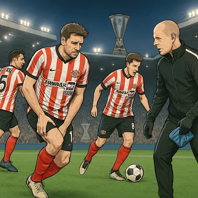 A football stadium at night, with Sunderland players in red and white striped shirts warming up on the pitch. The atmosphere is tense, with medical staff on the sidelines holding ice packs and a playe