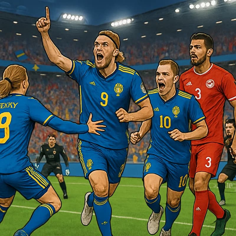 A vibrant scene at a packed stadium, with Swedish players in their blue and yellow kits celebrating a goal against Tunisia, wearing their red and white jerseys. The crowd is lively, with flags waving 