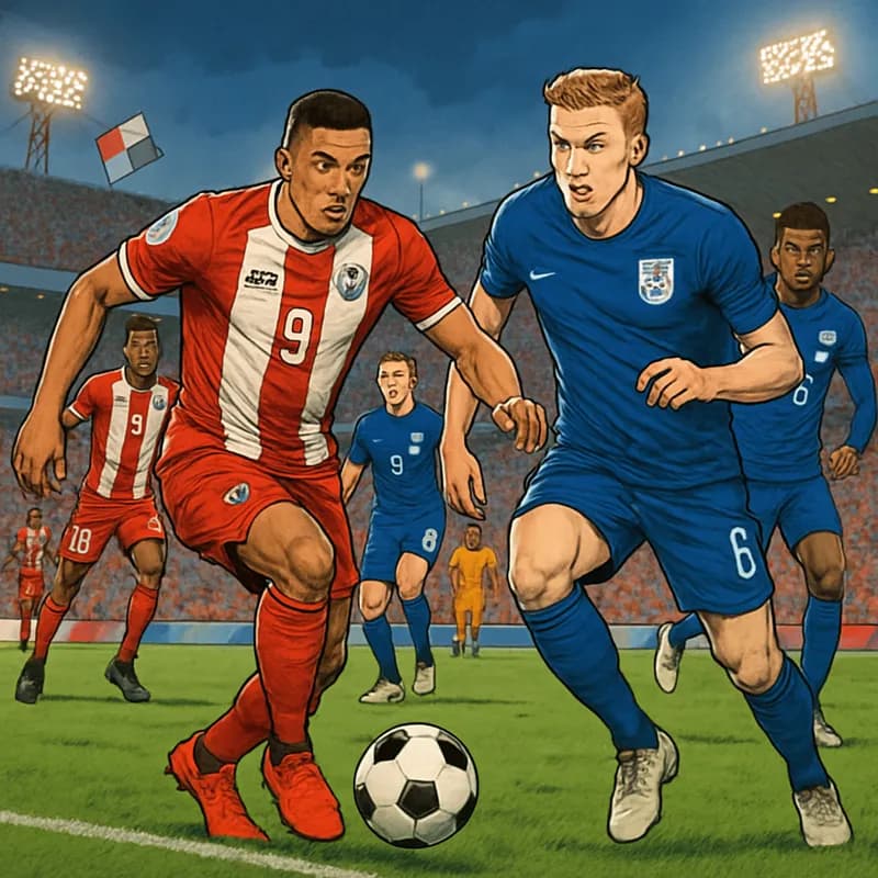 A vibrant scene in a packed stadium where Panama's players, in their red and white striped kits, are pressing against England's blue-clad team. The atmosphere is electric, with fans waving flags and a