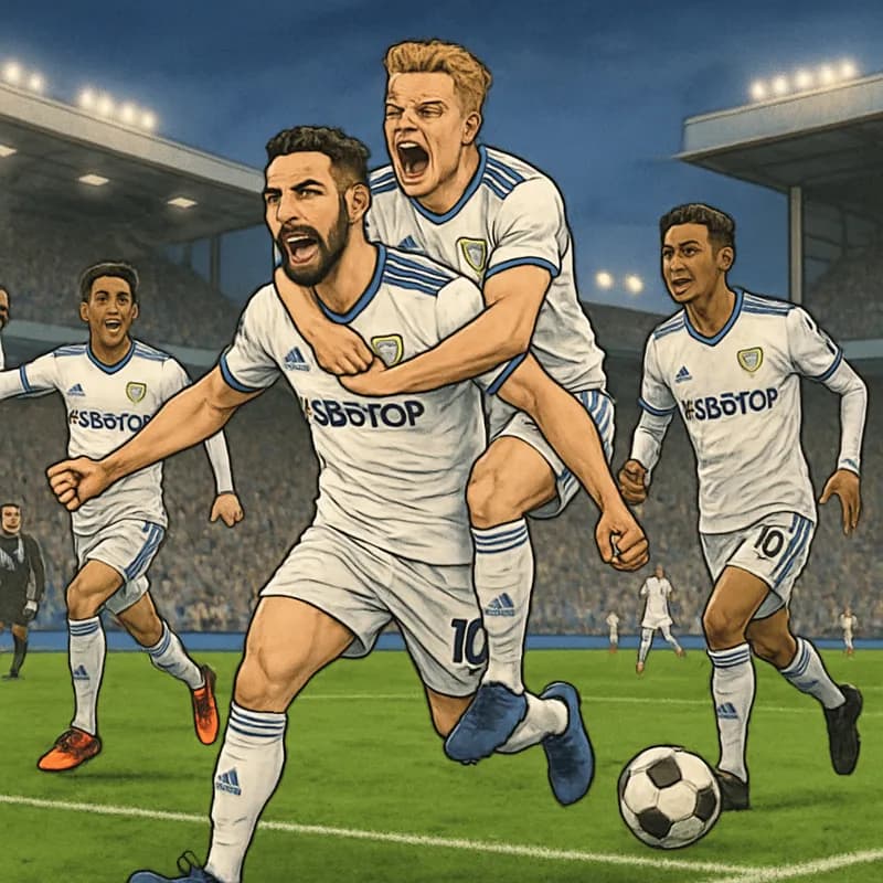A vibrant scene at Elland Road, with Leeds United players in their white and blue kit celebrating a late goal. The stadium is packed with enthusiastic fans, creating an electric atmosphere. The green 