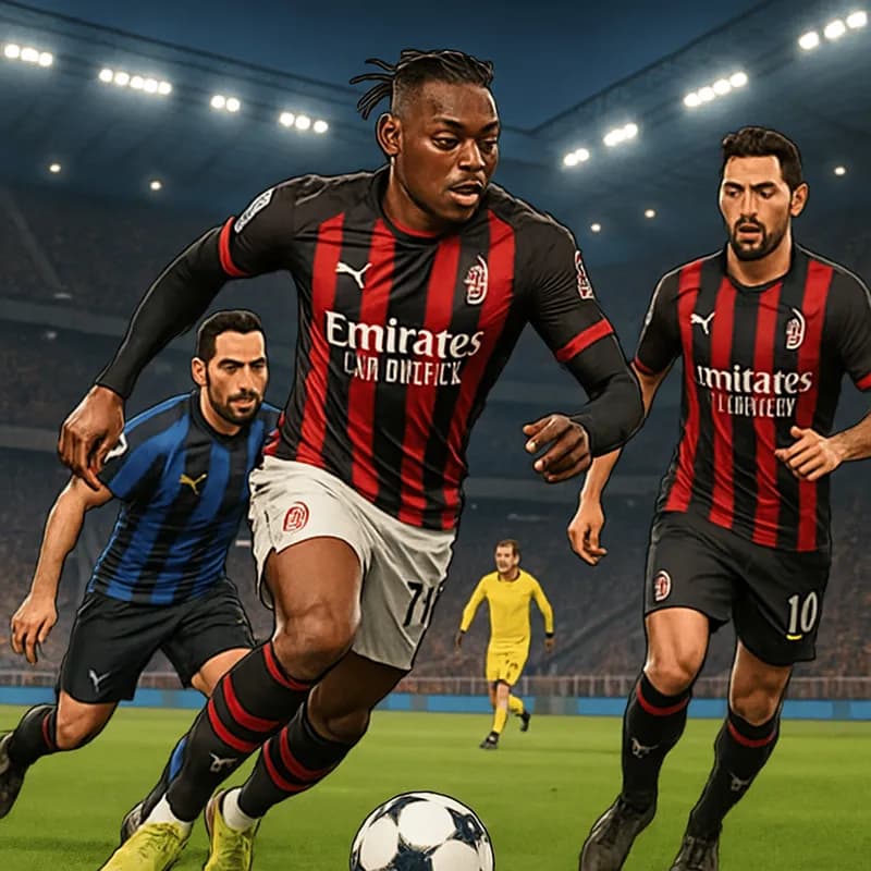 A vibrant scene at San Siro during a Milan match, showcasing Rafael Leao in his AC Milan red and black striped jersey, with fans cheering and a football at his feet. The atmosphere is electric, captur