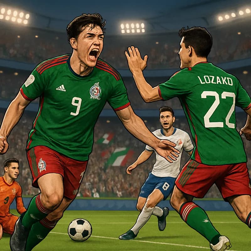 A vibrant scene from a World Cup match featuring Mexico in their green and red kit celebrating a goal, with fans in the stands waving flags and a packed stadium atmosphere.