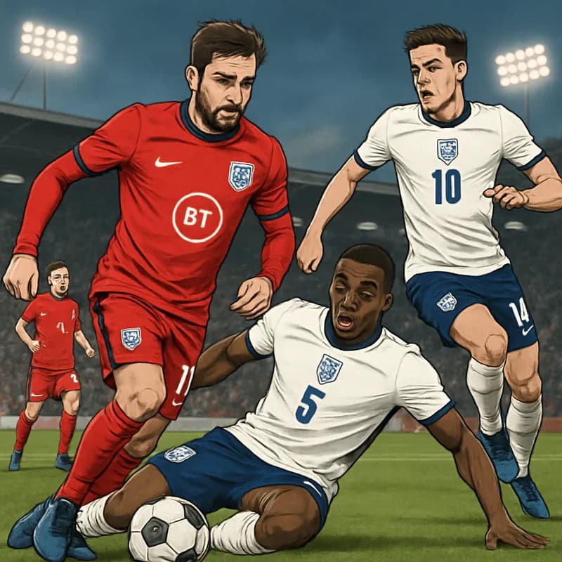A vibrant scene at St. George's Park, showcasing England's training session. Players in red and white kits practice on a lush green pitch, with coaches observing intently, creating an atmosphere of fo