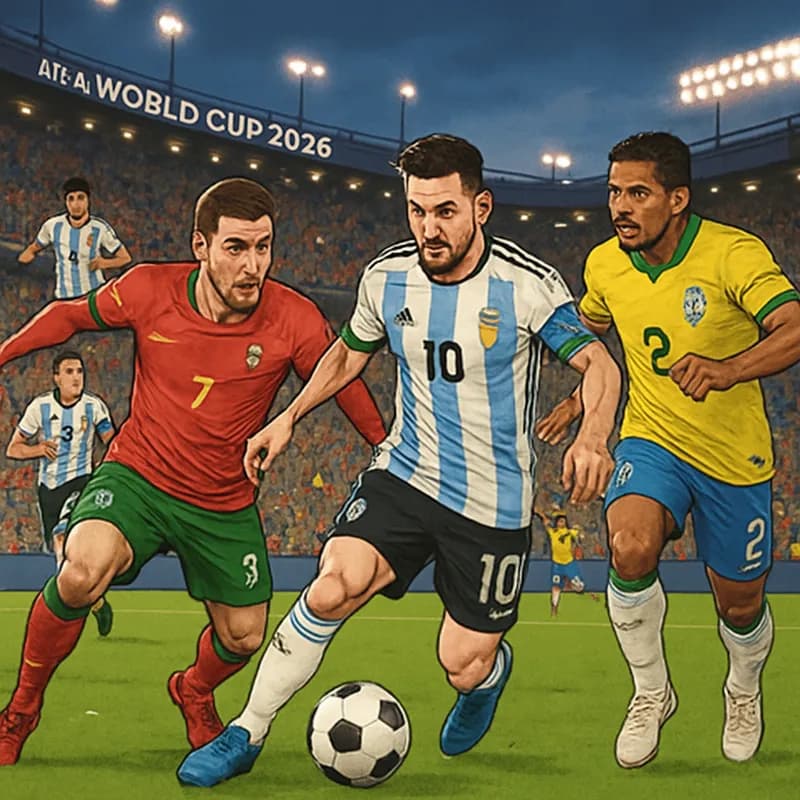 A vibrant soccer scene at a packed stadium during the FIFA World Cup 2026. Fans wearing colorful jerseys from various nations, holding flags, and cheering. A green pitch with a soccer ball in play, su