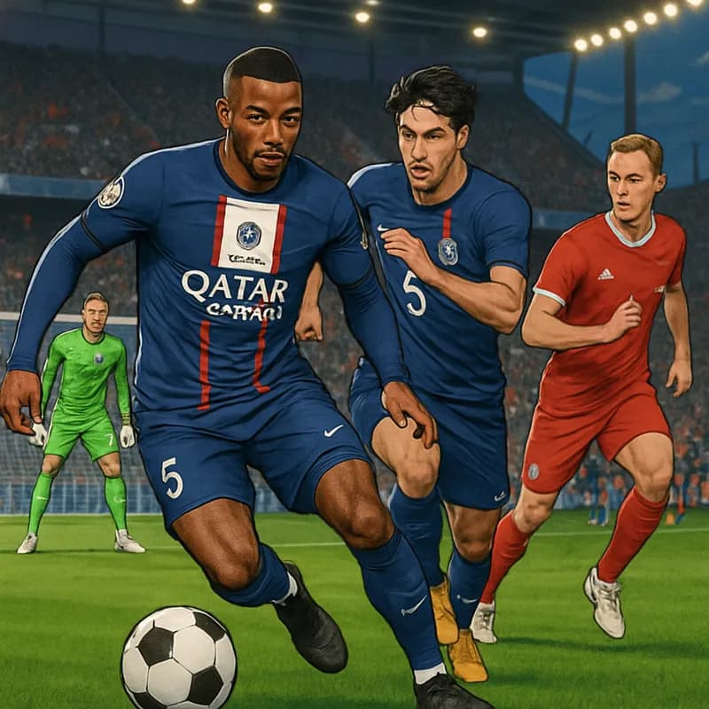 A vibrant scene in a packed stadium during a crucial match, with PSG's blue and red kits contrasting against the lush green pitch. Fans are cheering, waving flags, and the atmosphere is electric as pl