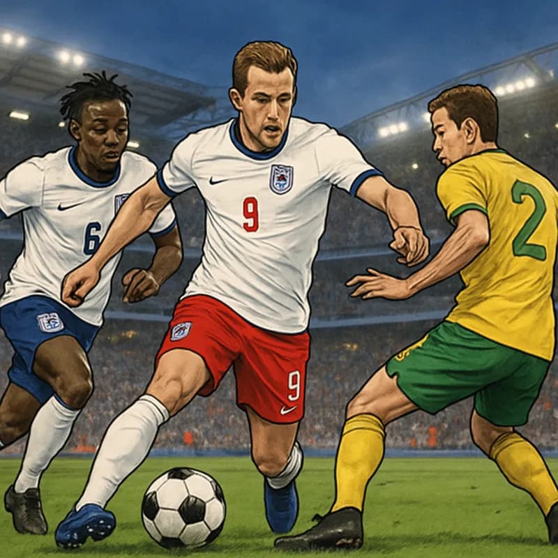A tense moment outside Wembley Stadium, with England players in their iconic white and red kits, surrounded by fans holding flags and banners, eagerly anticipating the World Cup squad announcement.