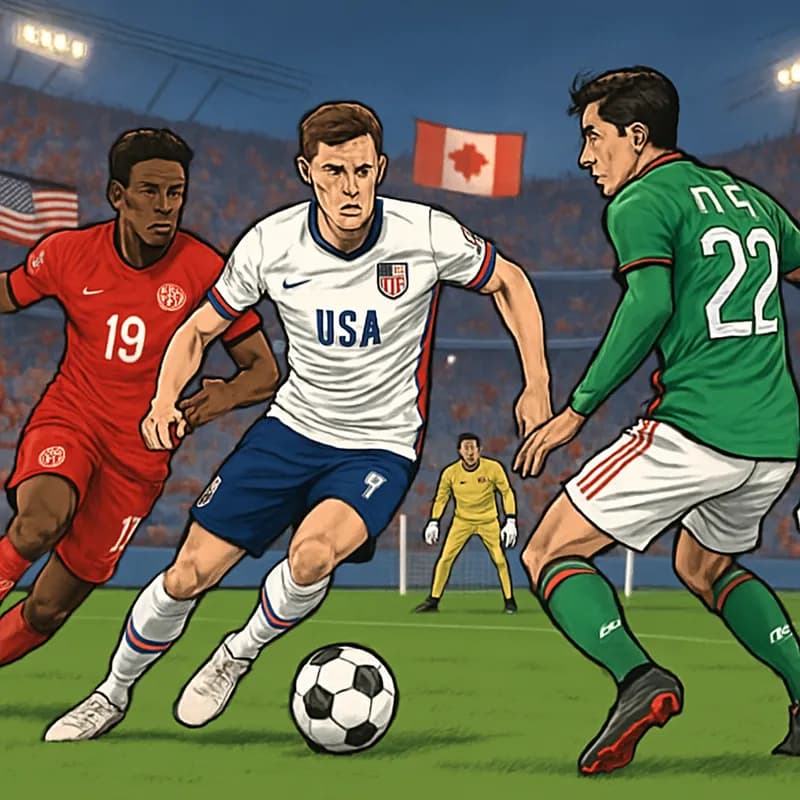 A vibrant soccer scene at a bustling stadium, filled with fans wearing their national team jerseys of the USA, Canada, and Mexico. The atmosphere is electric with banners and flags waving, a green pit