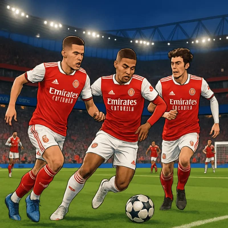 A dramatic scene at a packed Emirates Stadium, with Arsenal players in their red and white kits warming up on the pitch. The atmosphere is electric as fans wave flags, anticipating the Champions Leagu