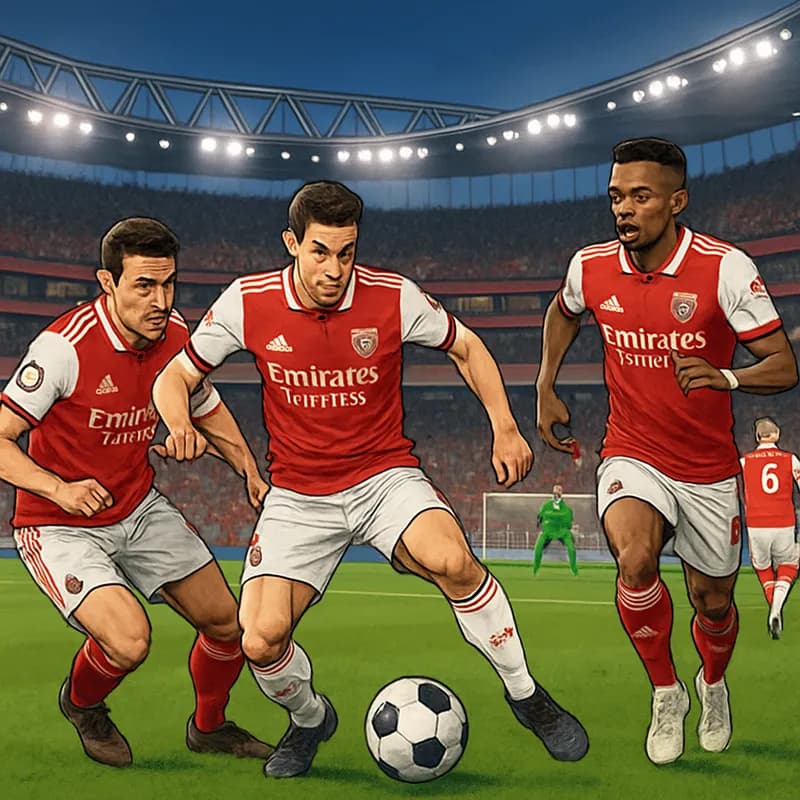 A vibrant soccer scene at the Emirates Stadium, with Arsenal players in their red and white kits, focused on training. The pitch is lush green, with fans in the stands eagerly anticipating the Champio