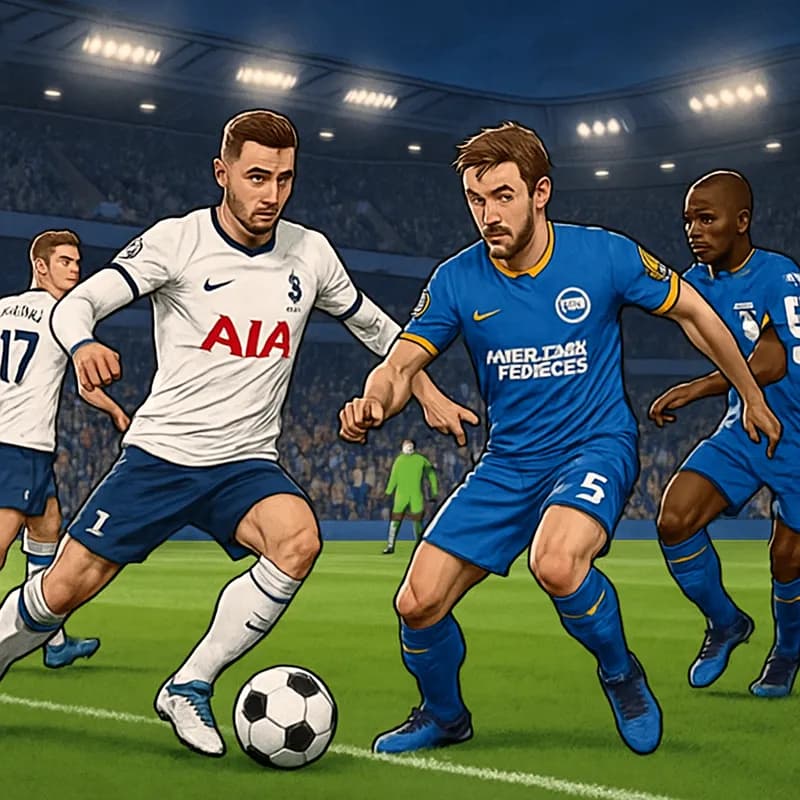 A vibrant scene at the Tottenham Hotspur Stadium with fans in navy blue Tottenham jerseys and bright blue Brighton kits, cheering passionately. The green pitch is ready for action, with a soccer ball 