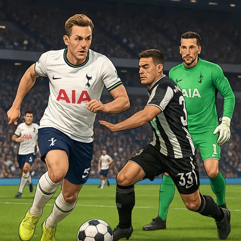 A bustling Tottenham Hotspur stadium filled with fans in navy and white jerseys, as Martin Dubravka, in his new Spurs goalkeeper kit, stands ready in goal, with the vibrant green pitch and a soccer ba