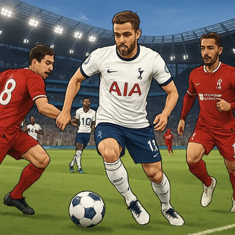 A vibrant scene at Tottenham Hotspur's home ground, the Tottenham Hotspur Stadium, filled with fans in navy blue and white jerseys. The atmosphere is electric as players warm up on the green pitch, wi