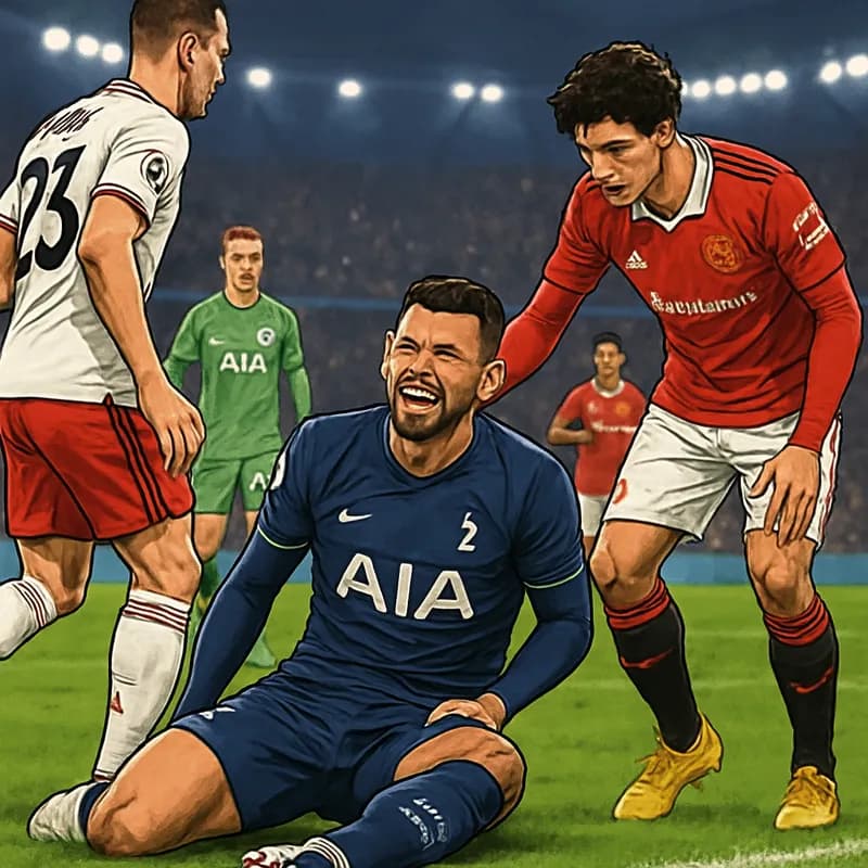 A tense moment on the pitch shows Tottenham's Cristian Romero in their navy blue kit, grimacing in pain after a collision during a match. The green pitch is vibrant, with fans in the background showin