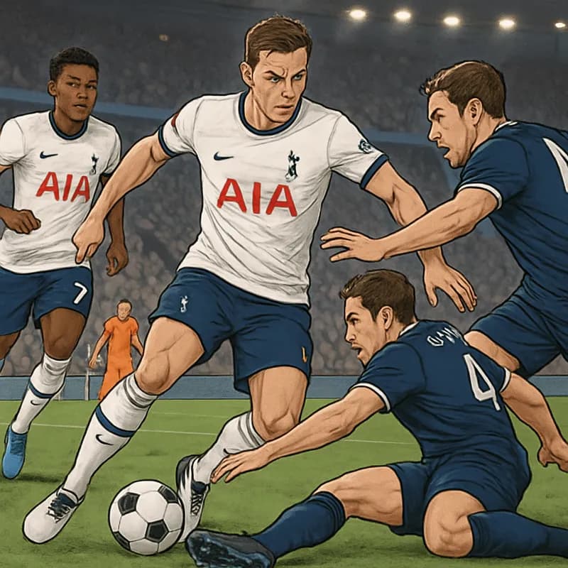 A vibrant scene at the Tottenham Hotspur Stadium, with players in their navy blue and white home kits, battling fiercely for the ball on a lush green pitch. The atmosphere is electric, filled with pas